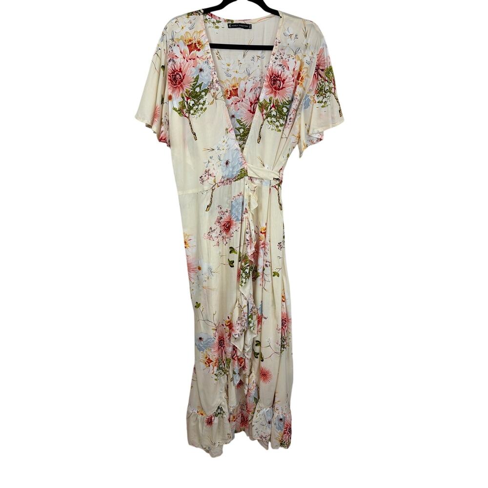 Acanela Expeditions Cream Multicolor V Neck Wrap Dress Size XXL Boho